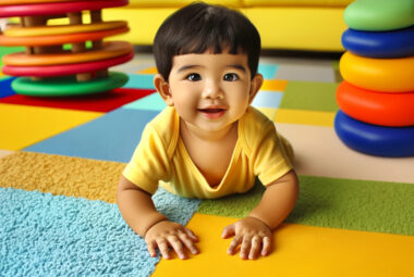 Toddler crawling on a soft padding in an inside play area