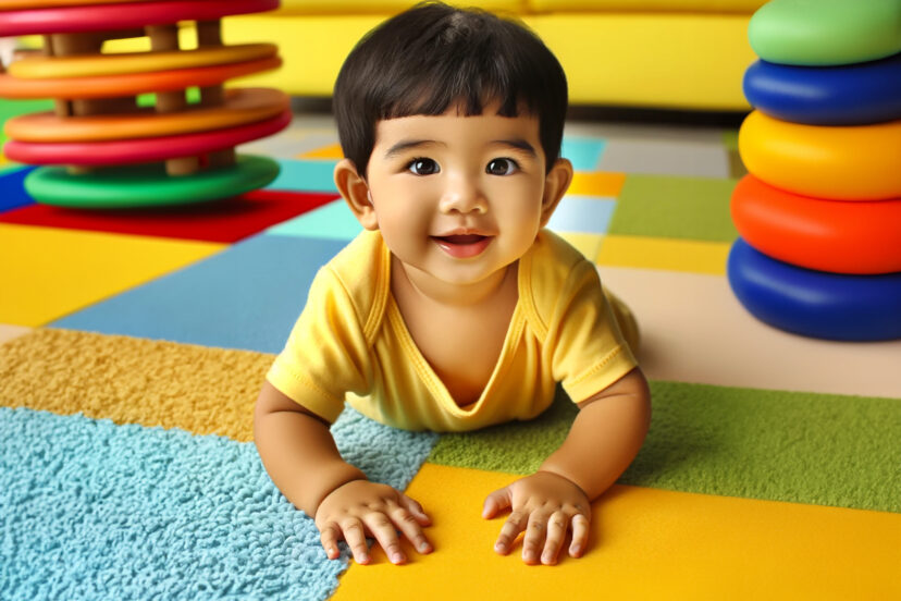 Toddler crawling on a soft padding in an inside play area